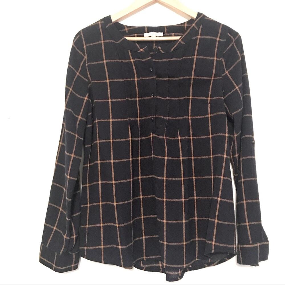 Skies are Blue navy & orange grid long sleeve top SZ Small